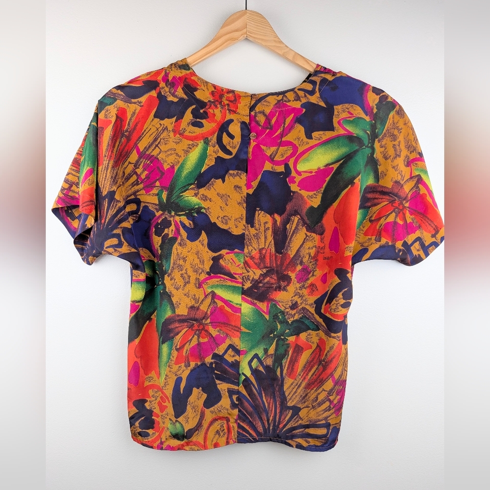 NICOLA Vintage Tropical Colorful Abstract Top Blouse Small Shells 90's Pop Art